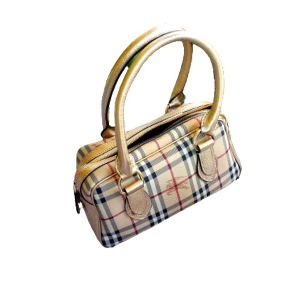 Vintage Burberry Haymarket Coated Canvas Gold Leather Trim Shoulder Bag With COA